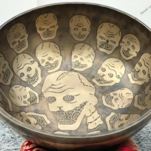 13 Inch Skull Carving Tibetan Singing Bowl Mallet & Cushion | Antique Mindfulness Bell Sound Bowl For Yoga Therapy | Meditation Bowl