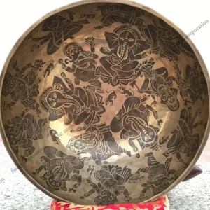16 Inch Ganesh Carving Tibetan Singing Bowl Mallet & Cushion | Antique Sound Bowl Mindfulness Bell For Yoga Therapy and Meditation
