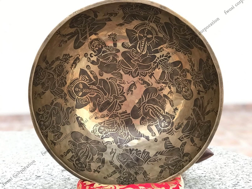 16 Inch Ganesh Carving Tibetan Singing Bowl Mallet & Cushion | Antique Sound Bowl Mindfulness Bell For Yoga Therapy and Meditation