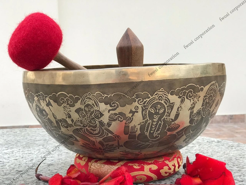 16 Inch Ganesh Carving Tibetan Singing Bowl Mallet & Cushion | Antique Sound Bowl Mindfulness Bell For Yoga Therapy and Meditation - Image 2