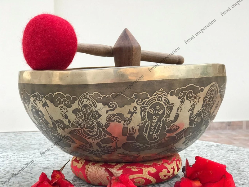 16 Inch Ganesh Carving Tibetan Singing Bowl Mallet & Cushion | Antique Sound Bowl Mindfulness Bell For Yoga Therapy and Meditation - Image 3
