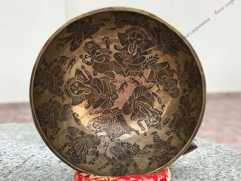 16 Inch Ganesh Carving Tibetan Singing Bowl Mallet & Cushion | Antique Sound Bowl Mindfulness Bell For Yoga Therapy and Meditation - Image 4