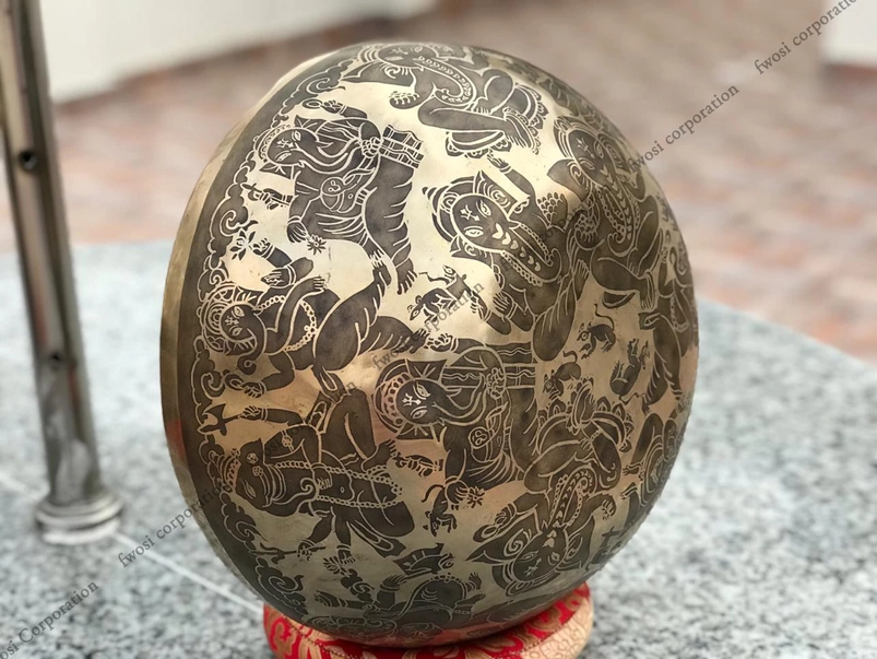 16 Inch Ganesh Carving Tibetan Singing Bowl Mallet & Cushion | Antique Sound Bowl Mindfulness Bell For Yoga Therapy and Meditation - Image 5