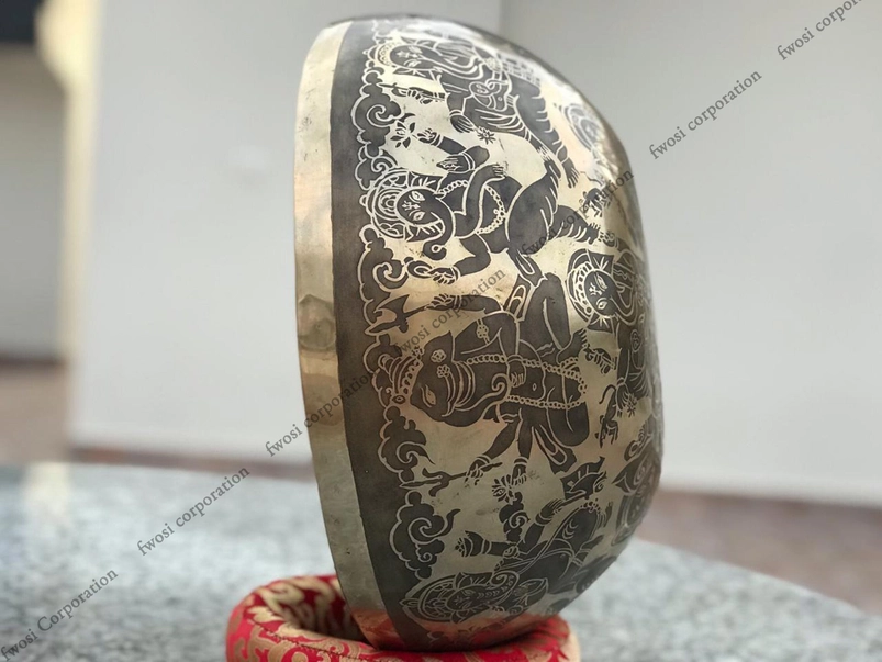 16 Inch Ganesh Carving Tibetan Singing Bowl Mallet & Cushion | Antique Sound Bowl Mindfulness Bell For Yoga Therapy and Meditation - Image 7