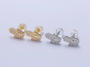 Clear Micro Paved Cz Hamsa Hand Evil Eye Mini Stud Earrings in Gold & Silver