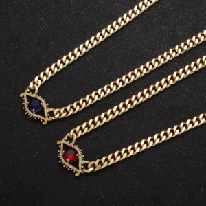 Bold Statement Gold Curb Chain Necklace Cz Evil Eye Charm