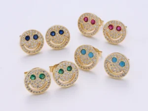 Cz Smiley Face Stud Earrings, Tiny Smiley Face Studs, Simple Gold Stud Earrings, Round Gold Studs, Happy Face Studs, Disc Stud Earrings