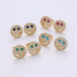 Cz Smiley Face Stud Earrings, Tiny Smiley Face Studs, Simple Gold Stud Earrings, Round Gold Studs, Happy Face Studs, Disc Stud Earrings