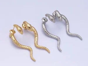 Gold Filled Snake Serpent Textured Wavy Drop Stud Earrings