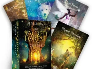 The Sacred Forest Oracle Deck featuring 52 beautifully illustrated cards, each opening an energy portal to a mystical realm filled with nature spirits, ancient guardians, and spiritual wisdom.