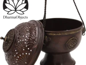 Tibetan Hanging Incense Burner ~ Copper W/Tibetan Symbols ~ 6” High