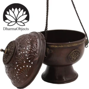 Tibetan Hanging Incense Burner ~ Copper W/Tibetan Symbols ~ 6” High
