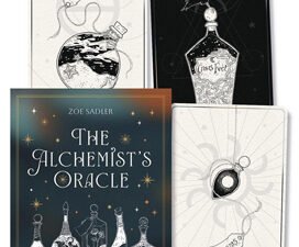 The Alchemist's Oracle Deck featuring 36 cards adorned with alchemical symbols and elements, designed for personal growth, emotional wellbeing, and transformation. The deck includes a gold-foil stamped cover for a magical touch of luxury.