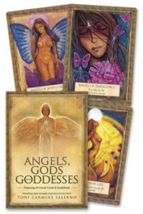 Angels, Gods, Goddesses Oracle Deck featuring 45 beautifully illustrated cards offering divine wisdom, healing energy, and uplifting guidance to empower self-love, personal growth, and spiritual transformation.