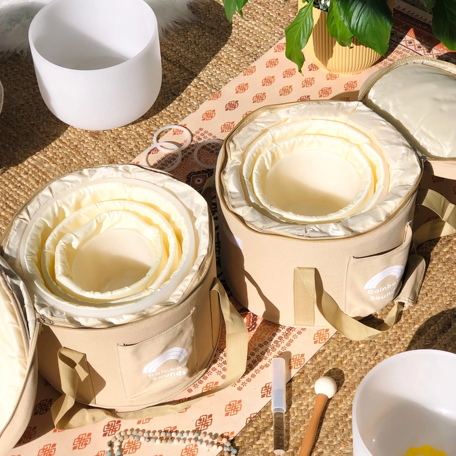Set of 3 White Crystal Singing Bowls with Beige Carry Bag | Quartz Sound Healing Meditation Bowl Set - Image 2