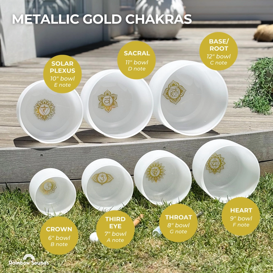 Golden Chakra Set of 7 White Crystal Singing Bowls in Beige Bags | Sound Healing Meditation Set - Image 2