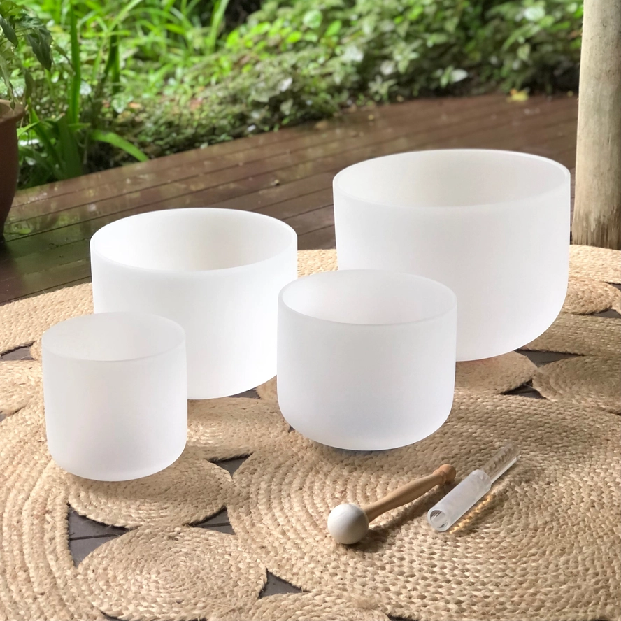 Set of 4 White Crystal Singing Bowls with Beige Carry Bag | Quartz Sound Healing Meditation Bowl Set - Image 2