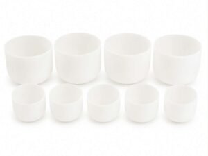 Set of 9 White Crystal Singing Bowls with Beige Carry Bags | Quartz Sound Healing Meditation Bowl Set