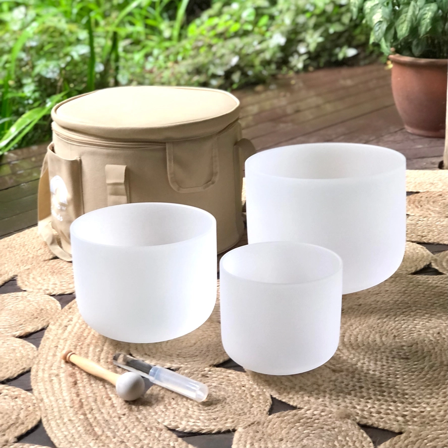 Set of 3 White Crystal Singing Bowls with Beige Carry Bag | Quartz Sound Healing Meditation Bowl Set - Image 5