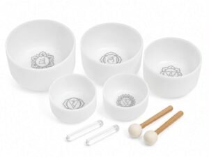 Set of 5 Sharp Note White Crystal Singing Bowls with Beige Bags | High Purity Quartz Sound Healing Meditation Bowl Set