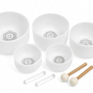 Set of 5 Sharp Note White Crystal Singing Bowls with Beige Bags | High Purity Quartz Sound Healing Meditation Bowl Set