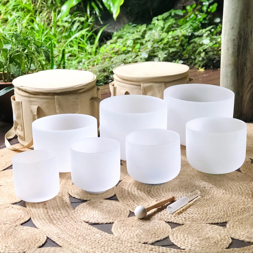 7 Chakra Crystal Singing Bowl Set | White Quartz Sound Healing Meditation Bowls - Image 2