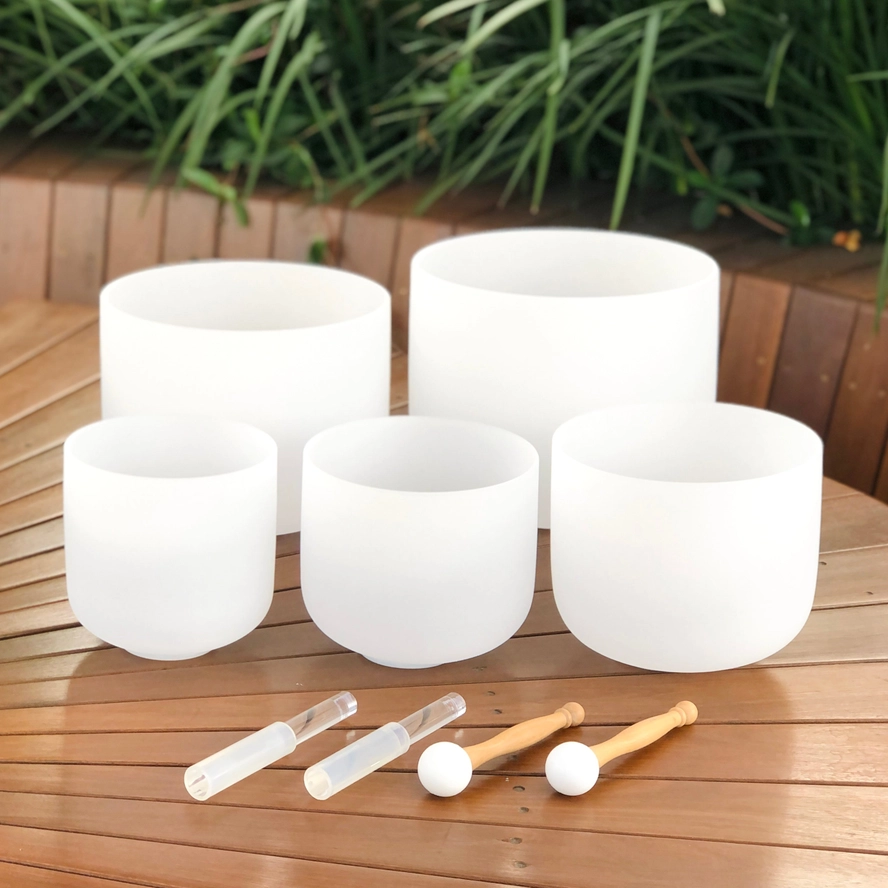 Set of 5 Sharp Note White Crystal Singing Bowls with Beige Bags | High Purity Quartz Sound Healing Meditation Bowl Set - Image 4