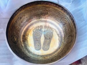 Large Etched Tibetan Singing Bowl: Buddha Feet, Chakra Healing