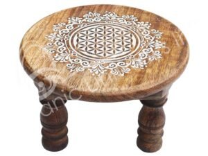 (PC)ALTAR TABLE - MANGO WOOD ENGRAVED FLOWER OF LIFE 6"DIA.