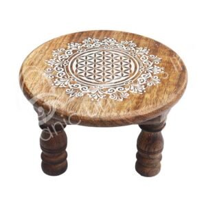 (PC)ALTAR TABLE - MANGO WOOD ENGRAVED FLOWER OF LIFE 6"DIA.