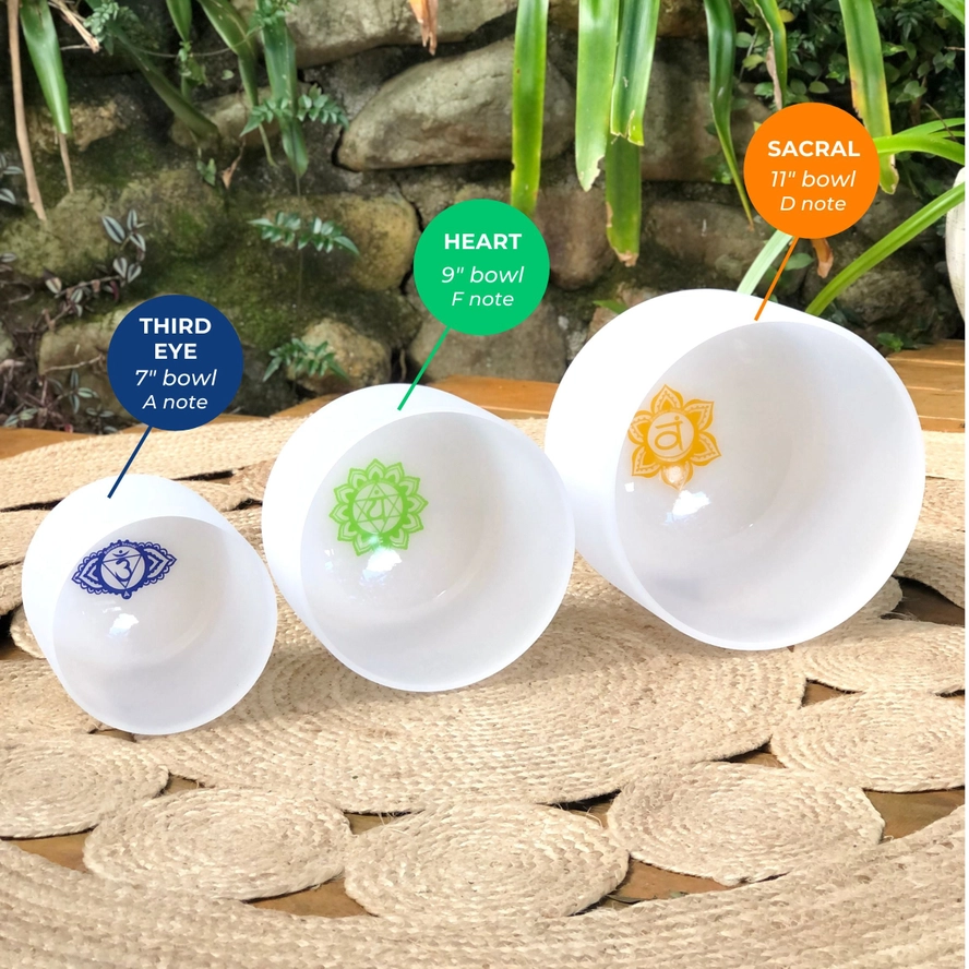 Set of 3 White Crystal Singing Bowls with Beige Carry Bag | Quartz Sound Healing Meditation Bowl Set - Image 3