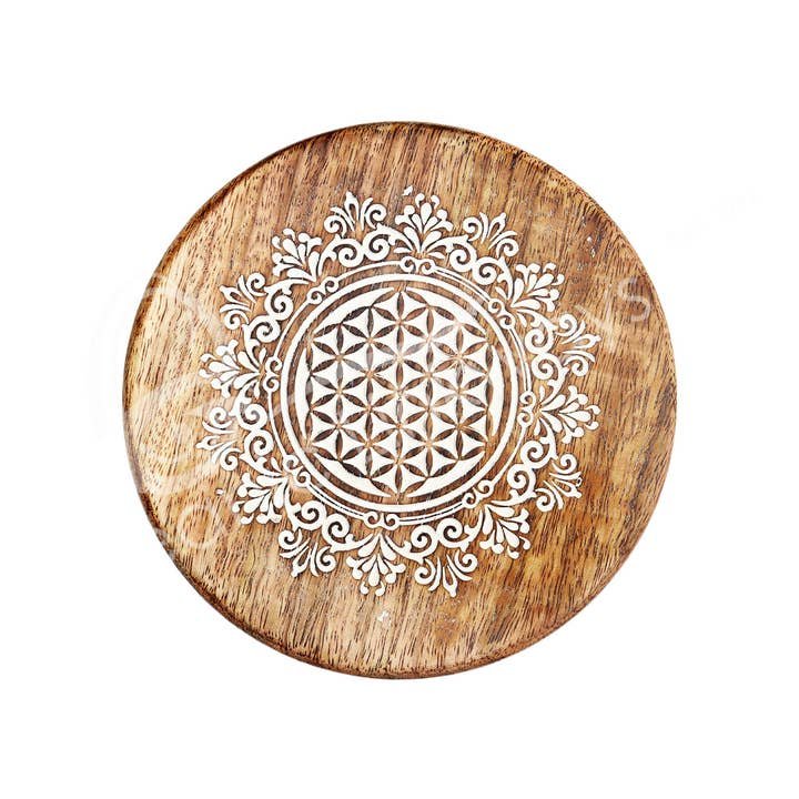 (PC)ALTAR TABLE - MANGO WOOD ENGRAVED FLOWER OF LIFE 6"DIA. - Image 2