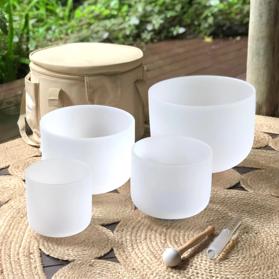 Set of 4 White Crystal Singing Bowls with Beige Carry Bag | Quartz Sound Healing Meditation Bowl Set - Image 6