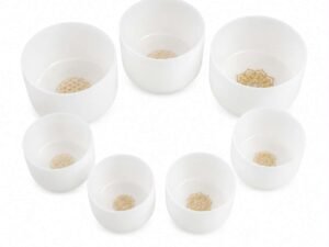 Golden Chakra Set of 7 White Crystal Singing Bowls in Beige Bags sound healing meditation set