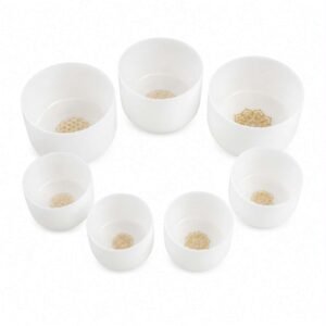 Golden Chakra Set of 7 White Crystal Singing Bowls in Beige Bags sound healing meditation set