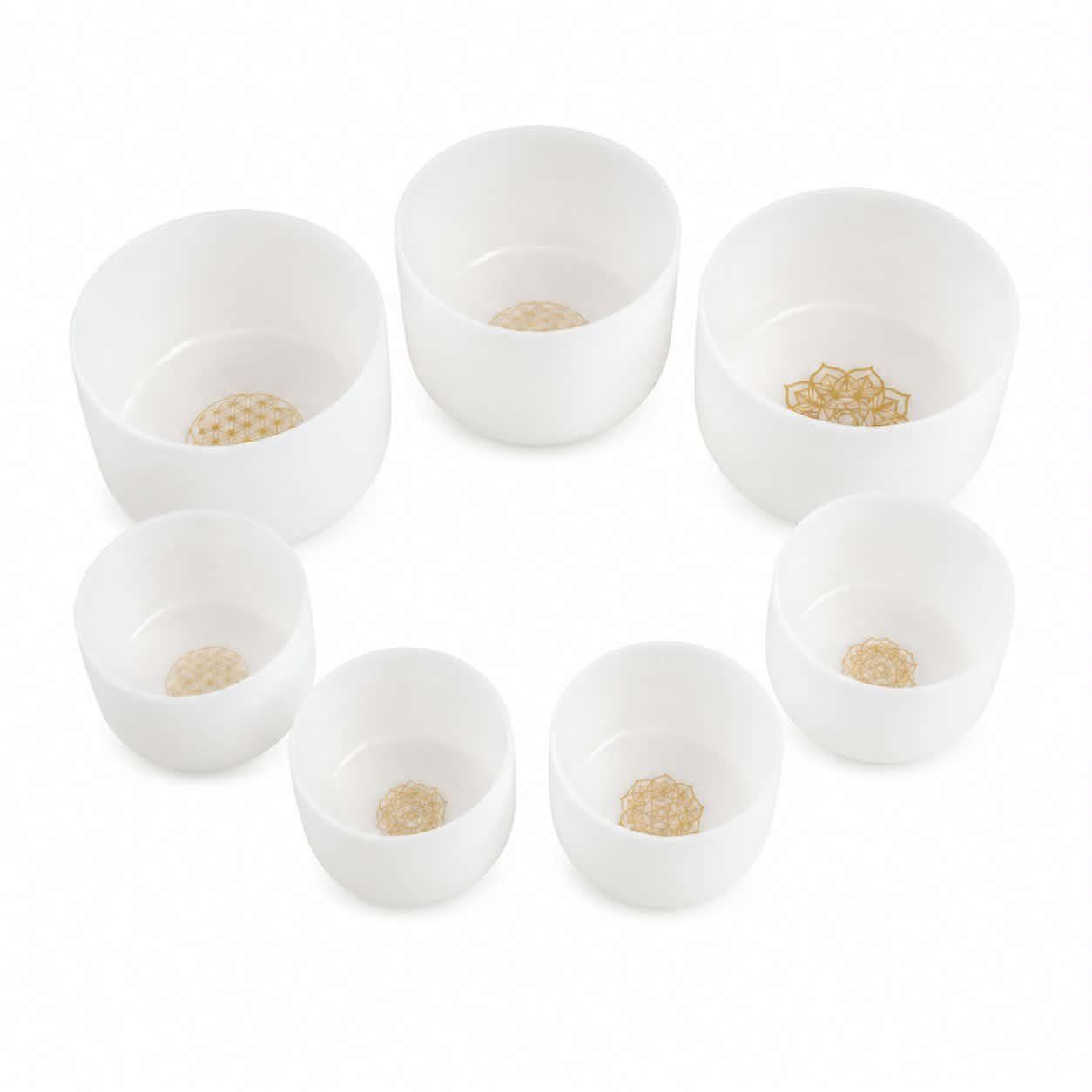 Golden Chakra Set of 7 White Crystal Singing Bowls in Beige Bags sound healing meditation set