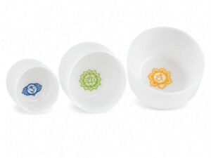 Set of 3 White Crystal Singing Bowls with Beige Carry Bag | Quartz Sound Healing Meditation Bowl Set