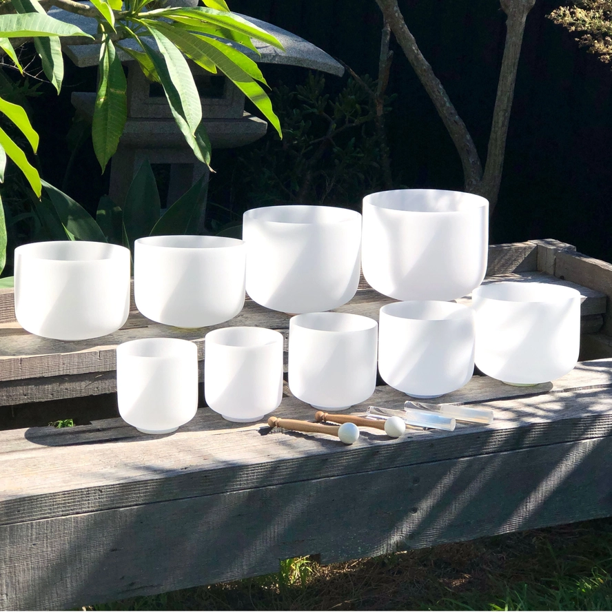 Set of 9 White Crystal Singing Bowls with Beige Carry Bags | Quartz Sound Healing Meditation Bowl Set - Image 3