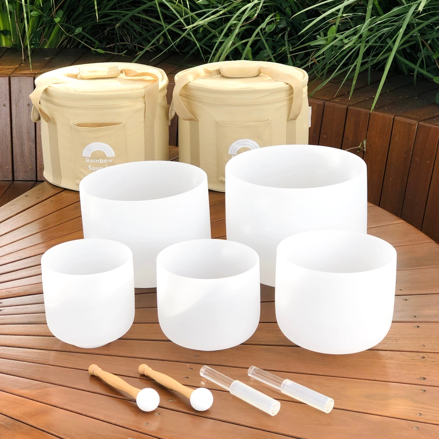 Set of 5 Sharp Note White Crystal Singing Bowls with Beige Bags | High Purity Quartz Sound Healing Meditation Bowl Set - Image 3