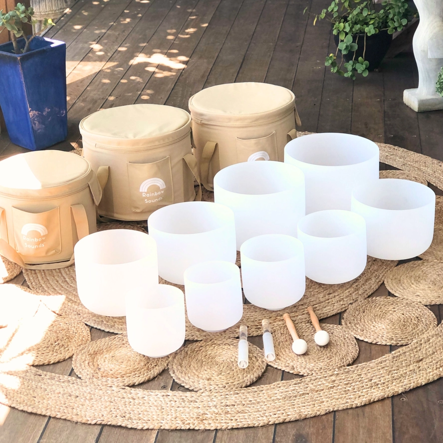 Set of 9 White Crystal Singing Bowls with Beige Carry Bags | Quartz Sound Healing Meditation Bowl Set - Image 2