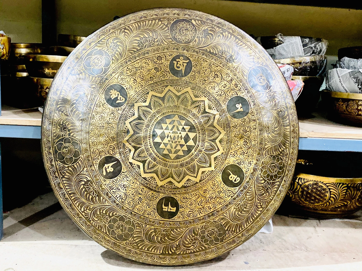 Handcrafted Gong Bell with Shree Yantra & Mantra Embroidery - Image 3