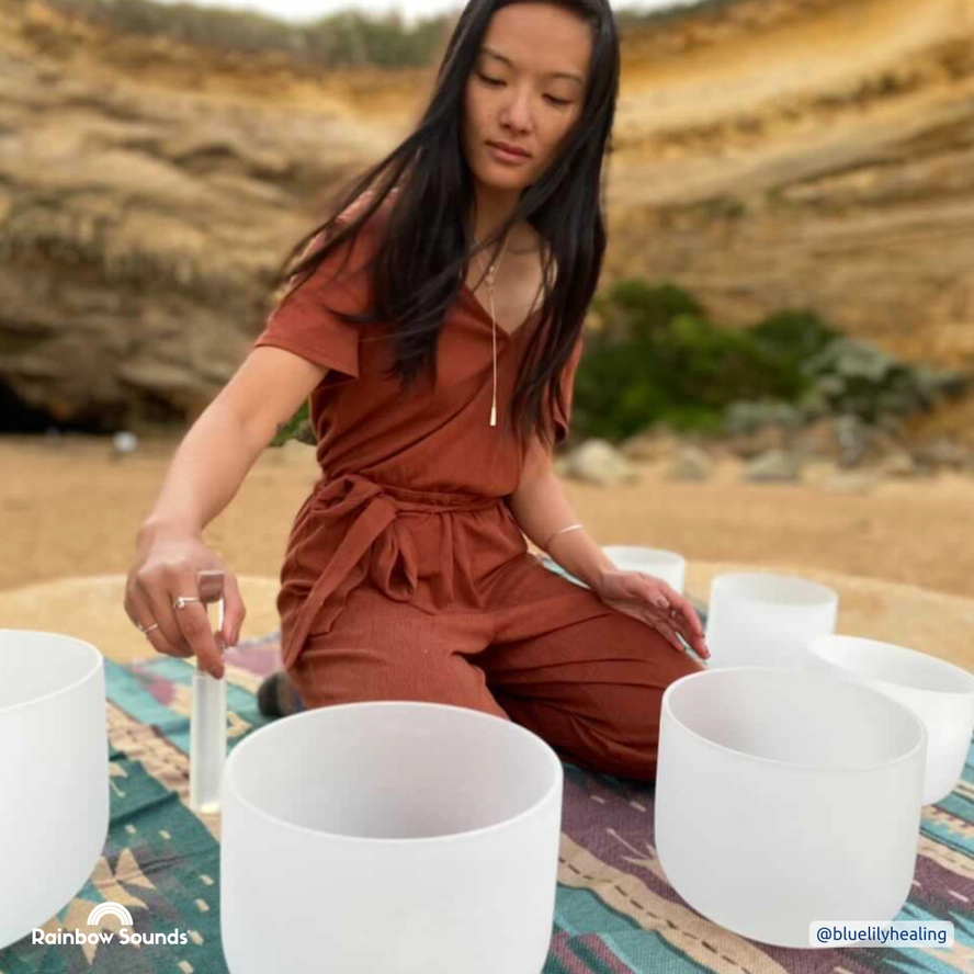 7 Chakra Crystal Singing Bowl Set | White Quartz Sound Healing Meditation Bowls - Image 4