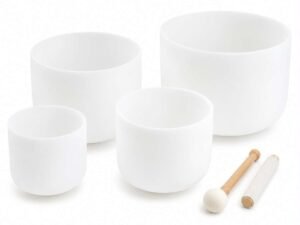 Set of 4 White Crystal Singing Bowls with Beige Carry Bag | Quartz Sound Healing Meditation Bowl Set