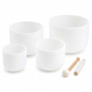 Set of 4 White Crystal Singing Bowls with Beige Carry Bag | Quartz Sound Healing Meditation Bowl Set