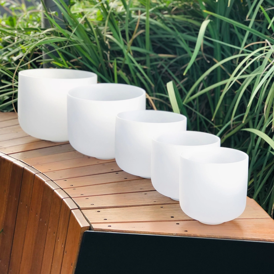 Set of 5 Sharp Note White Crystal Singing Bowls with Beige Bags | High Purity Quartz Sound Healing Meditation Bowl Set - Image 2