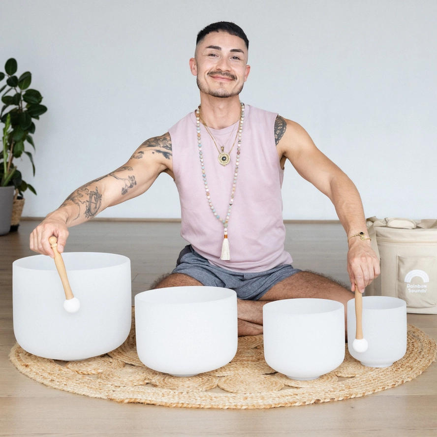 Set of 4 White Crystal Singing Bowls with Beige Carry Bag | Quartz Sound Healing Meditation Bowl Set - Image 7