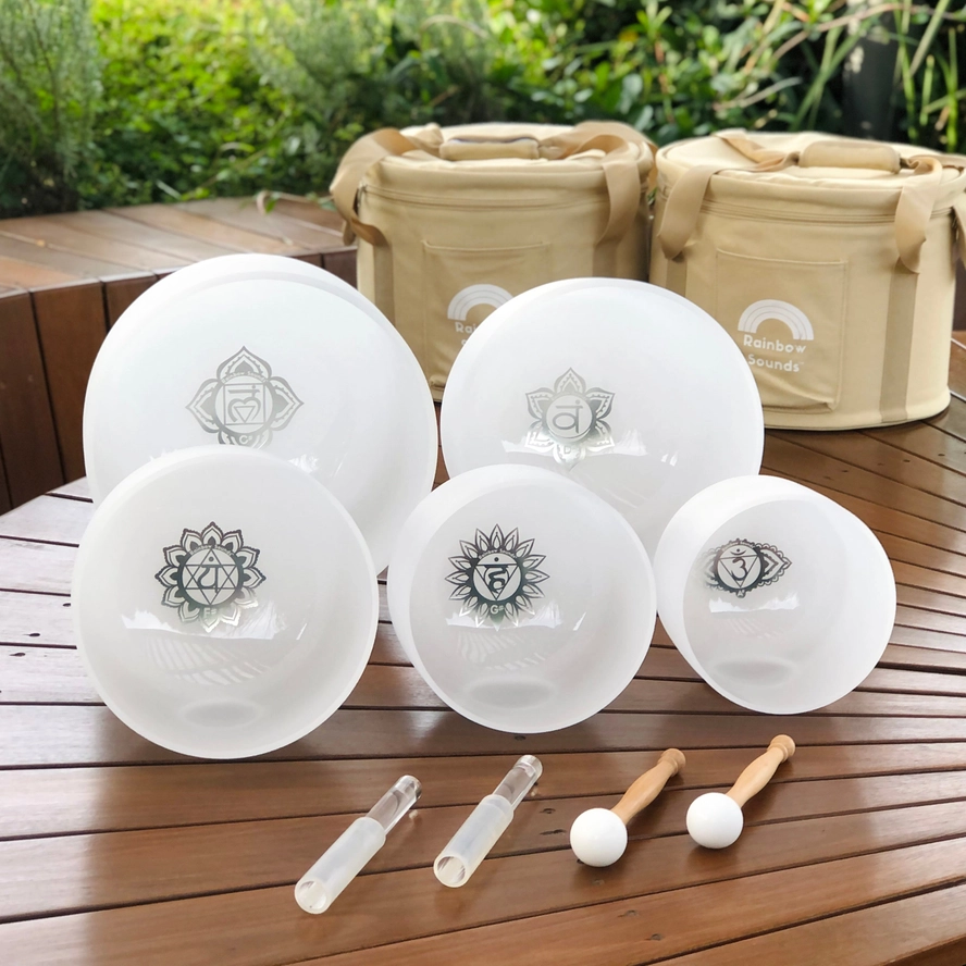 Set of 5 Sharp Note White Crystal Singing Bowls with Beige Bags | High Purity Quartz Sound Healing Meditation Bowl Set - Image 5