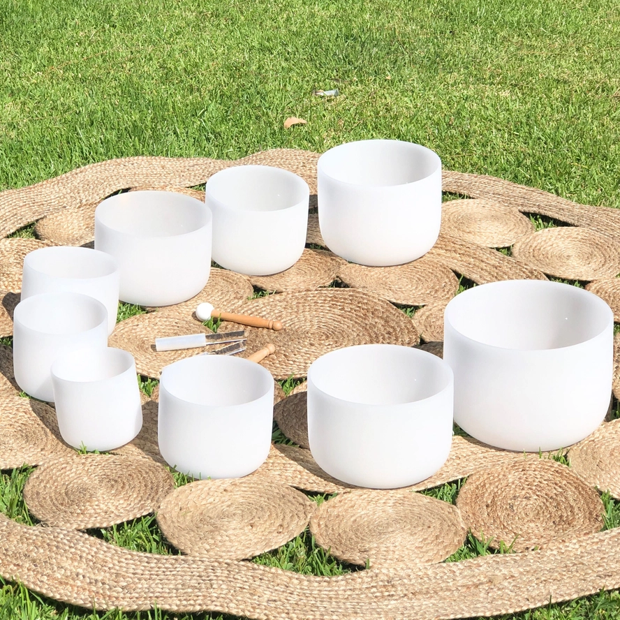 Set of 9 White Crystal Singing Bowls with Beige Carry Bags | Quartz Sound Healing Meditation Bowl Set - Image 5